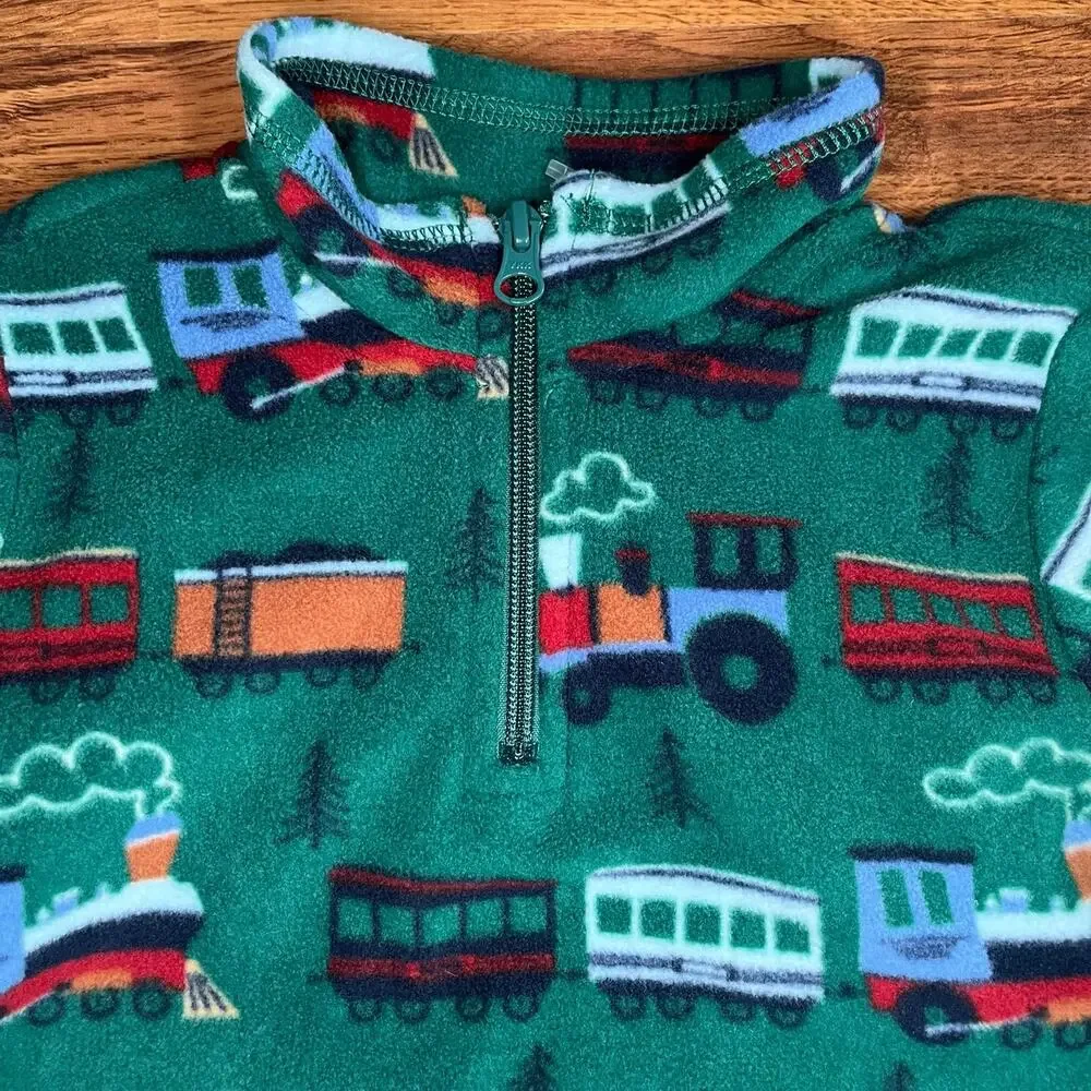 NEW Children’s Place Green Fleece Train Print 1/4 Zip Pullover Top